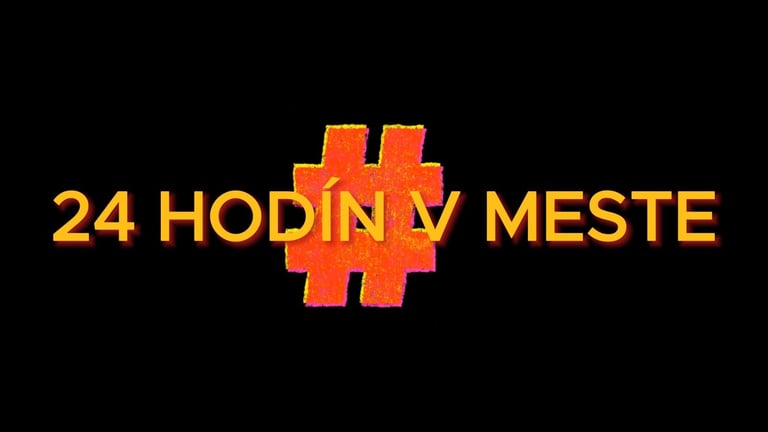 Orange hashtag symbol with text 24 HODIN V MESTE on black background